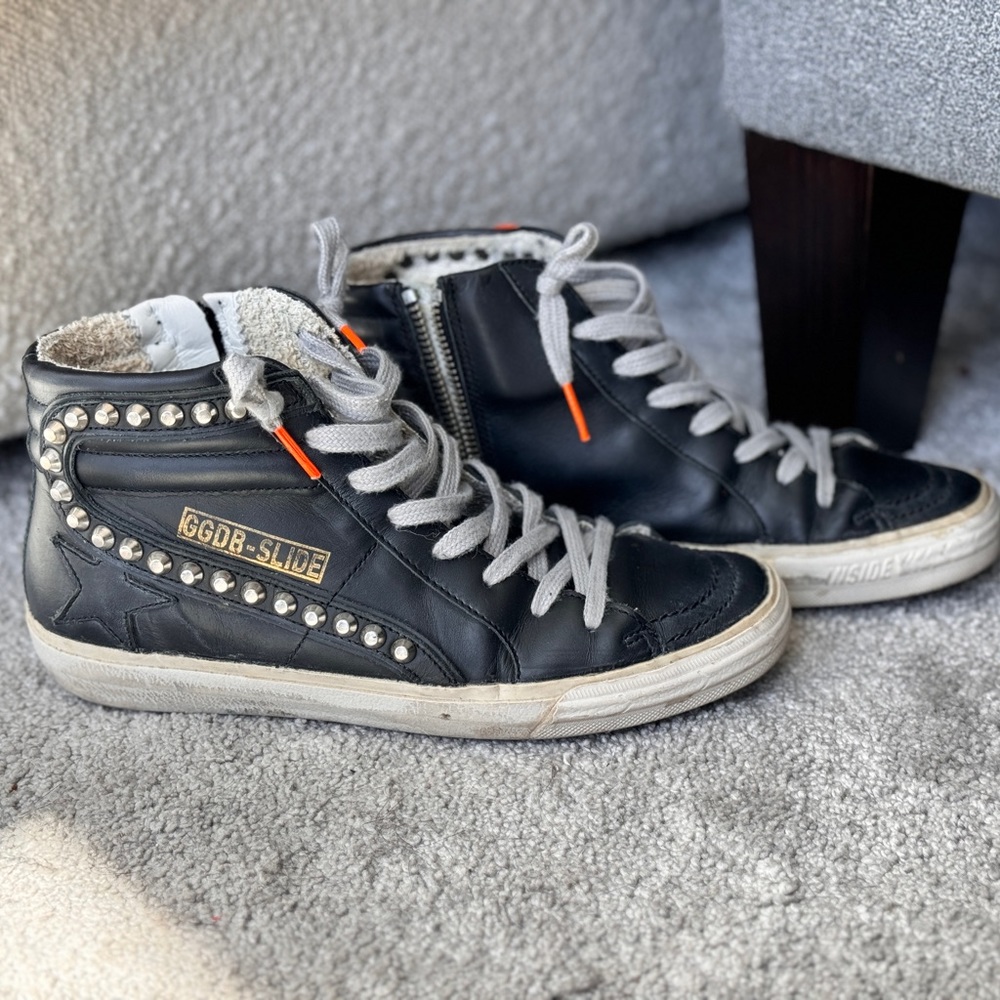 Golden Goose Slide Sneakers Black Leather Studs 36
